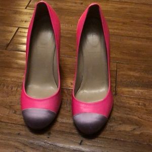 JCrew neon pink leather and lilac satin pumps